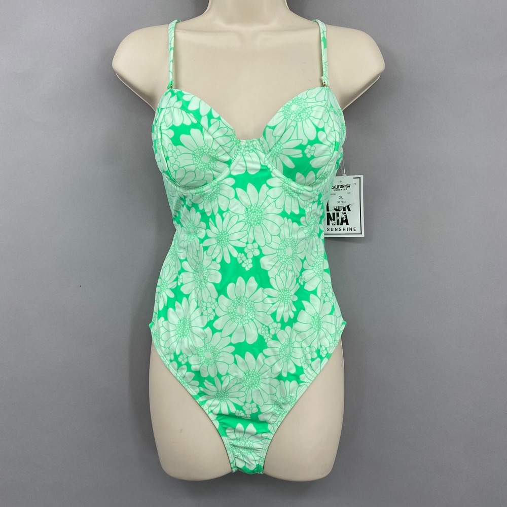 California Sunshine Womens Floral One Piece Swimsuit Lime Green White XL CS22006